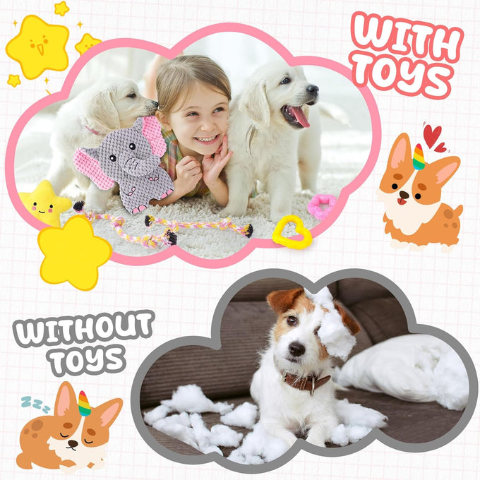 XIUGOAL pink puppy toys 9 pack for small dogs teething enrichment squeaky plush toys rope toys