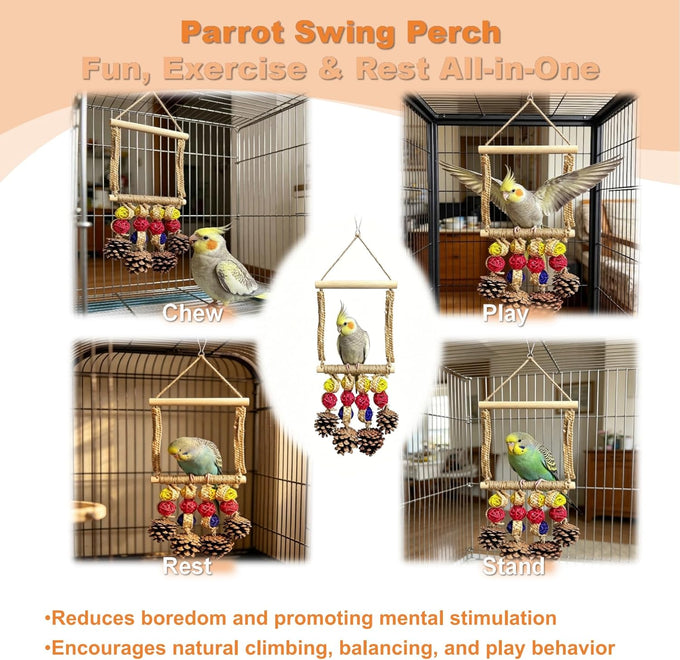 Plant-style parrot toy with sisal-wrapped perch for parakeets, cockatiels, and conures - natural pine swing