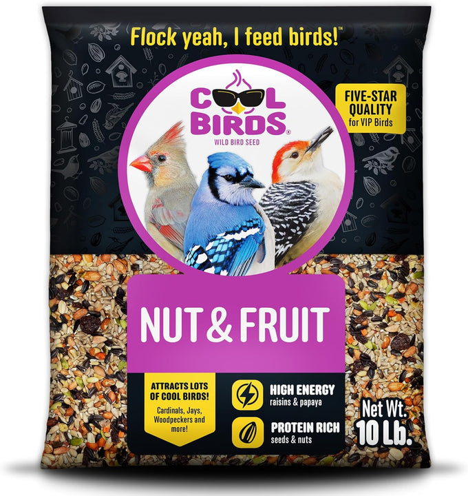 Cool Birds 10 lb. Gourmet Bird Seed with Sunflower Hearts, Peanuts & Real Fruit for Outside Feeders