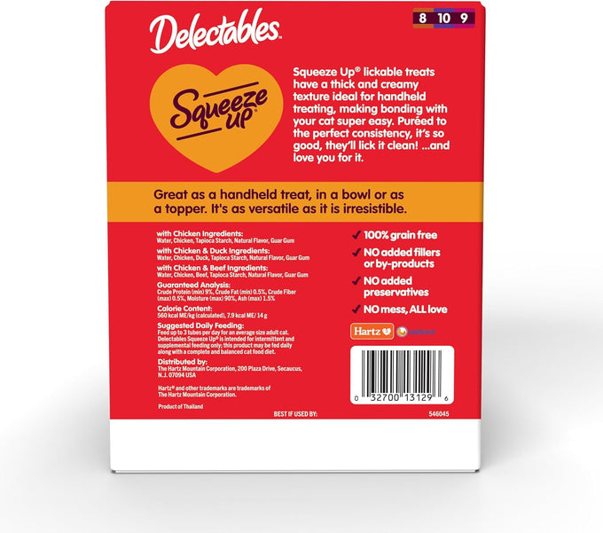 delectables squeeze up non-seafood variety pack, creamy squeezable puree, grain-free cat treats, 72-count