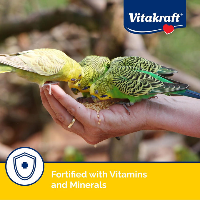 Vitakraft VitaSmart 2 lb parakeet food with seeds, grains, fruits, and omega fatty acids