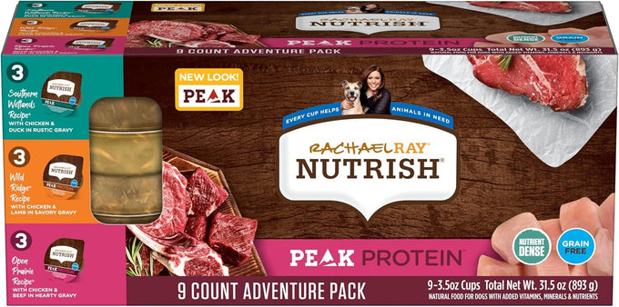 rachael ray nutrish peak protein wet dog food 3.5oz cups, grain free, 3-pack of 9, 2-count