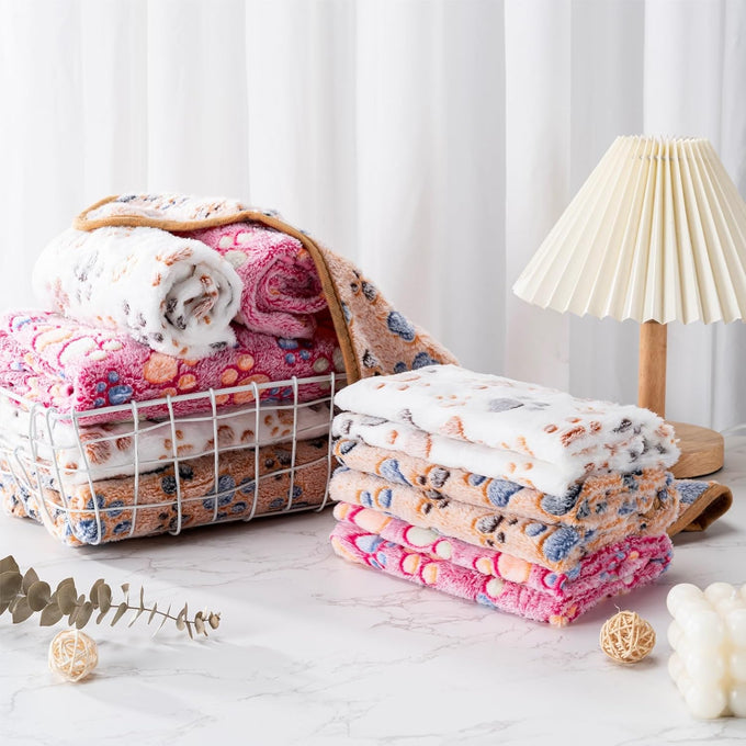 Premium Flannel Paw Printed Pet Blanket for Dog Puppy Cat - Small, Brown, Pink, White