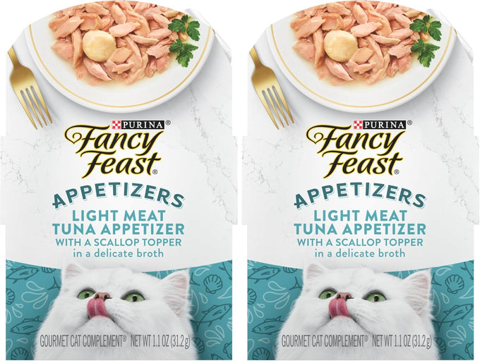Purina Fancy Feast Appetizers Lickable Grain Free Wet Cat Food Topper Light Meat Tuna Appetizer with Scallop - (Pack of 10) 1.1 oz. Trays