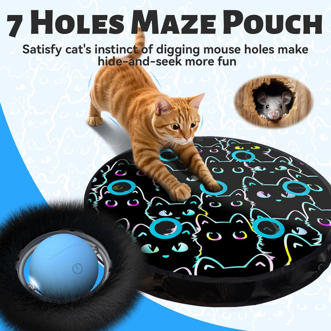 Orsda cat toys interactive hide and seek fast rolling ball motion chirping activated moving ball 7 holes mat mouse catching game