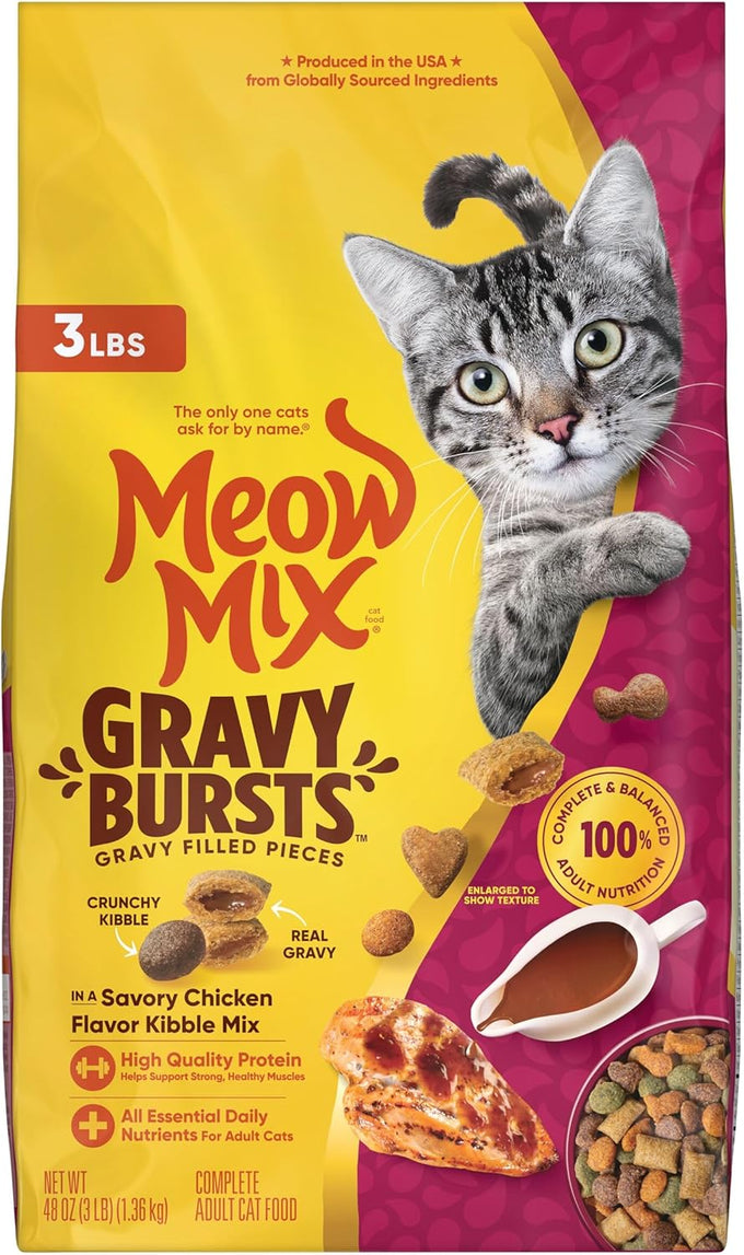 Meow Mix savory chicken flavor gravy bursts dry cat food, 3 lb bag, crunchy kibble with real gravy