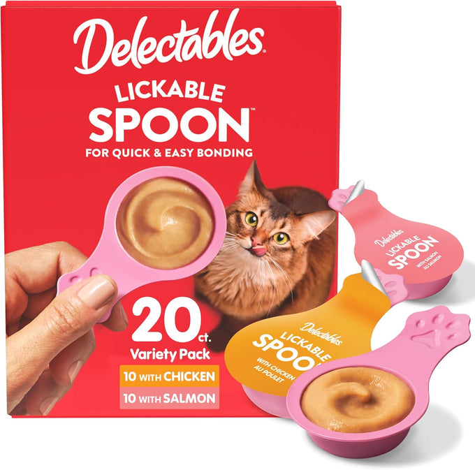 Delectables lickable spoon handheld wet cat treats made with real chicken salmon 20ct variety pack