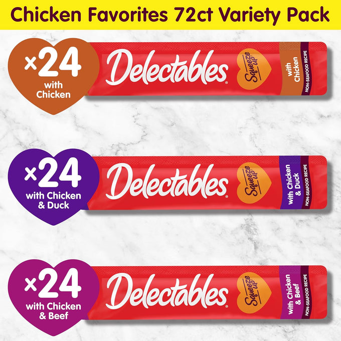delectables squeeze up non-seafood variety pack, creamy squeezable puree, grain-free cat treats, 72-count