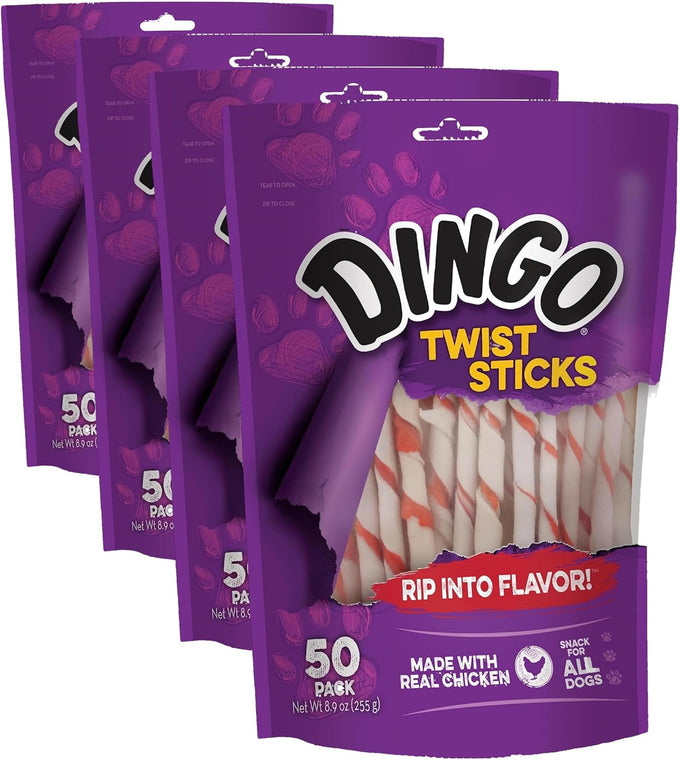 Dingo Twist Sticks Rawhide Chews for Dogs, Made with Real Chicken, 50 Count, Great for All Sizes
