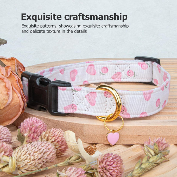 Cotton Handmade Dog Collar - White and Pink Love Heart Pattern - Adjustable - Safe for Girl and Boy Dogs