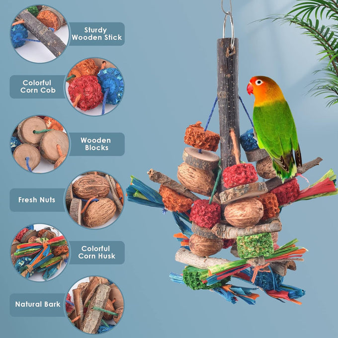 Bissap Bird Chew Toys, Natural Bark Corncob Nuts Parrot Toys for Conure Cockatoo Parakeet Budgies Cockatiel Lovebirds Pets