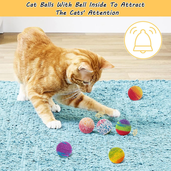 6-pack retro shaw cat toys balls with yarn bell for indoor kittens and cats, safe and interactive play