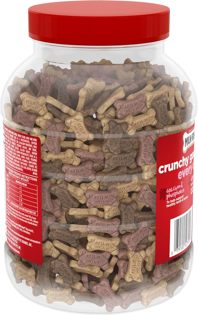 Milk-Bone Flavor Snacks Mini's dog biscuits, 36 Oz canister, beef, chicken, bacon flavors