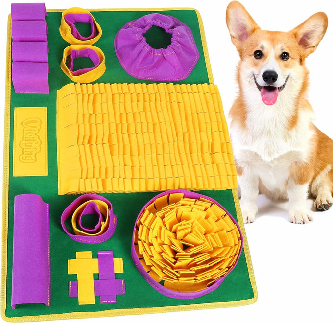Vivifying snuffle mat for small and medium dogs, felt interactive dog puzzle toy with 8 hiding places, enrichment feeding game