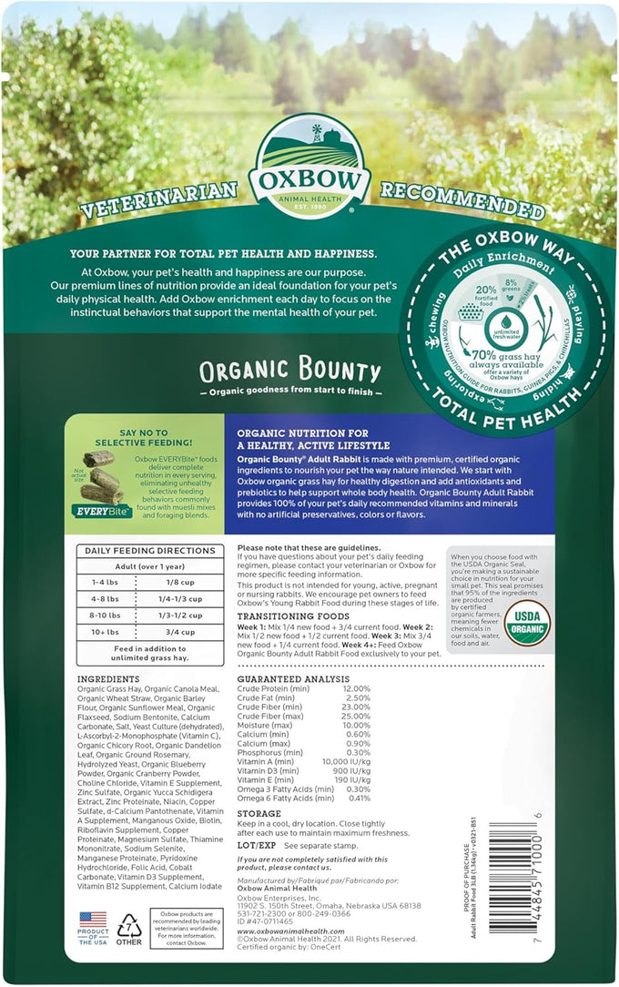 oxbow organic bounty adult rabbit food - 3 lb. - all natural rabbit pellets made in usa