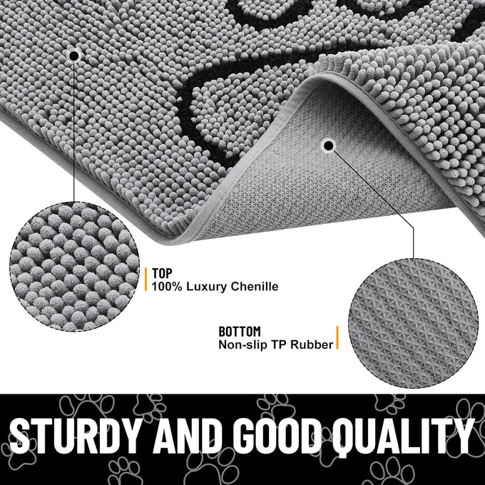 Smiry 30x20 inches chenille door mat for muddy paws with non-slip textured rubber base, grey and black
