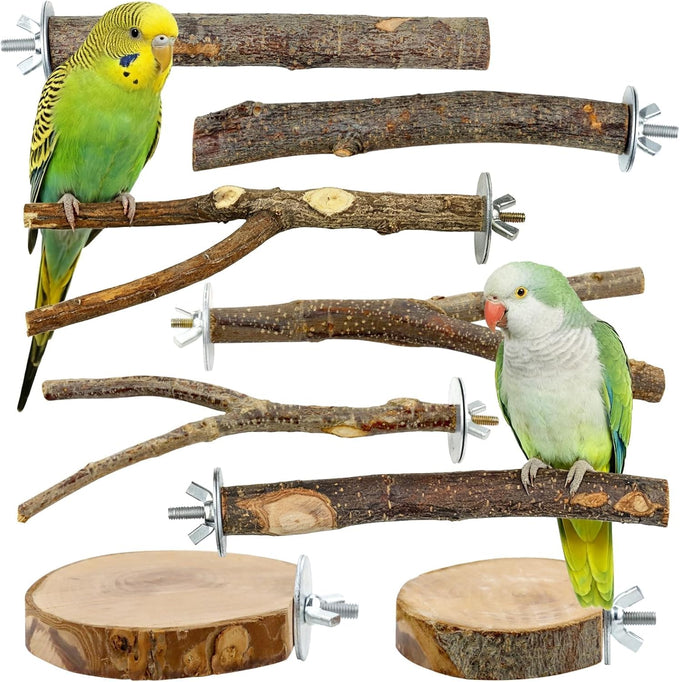 8 PCS natural apple wood bird perch set for small birds - parakeets, budgies, cockatiels - safe chew toys & climbing stand