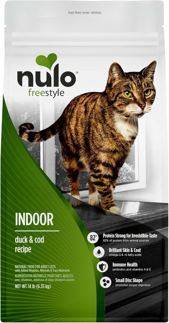 nulo freestyle dry cat food duck & cod, high protein grain-free dry cat food, natural kibble with probiotics and omegas fatty acids, 14lb bag