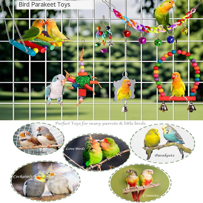8 Pcs Parakeet Cockatiel Bird Toys Accessories Swing Wooden Perch Chewing Toy Set for Budgerigars Conures Love Birds Finches Budgies