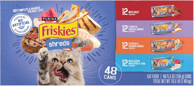 Purina Friskies 48-ct wet cat food variety pack with beef, turkey, cheese, chicken, salmon, ocean whitefish and tuna shreds
