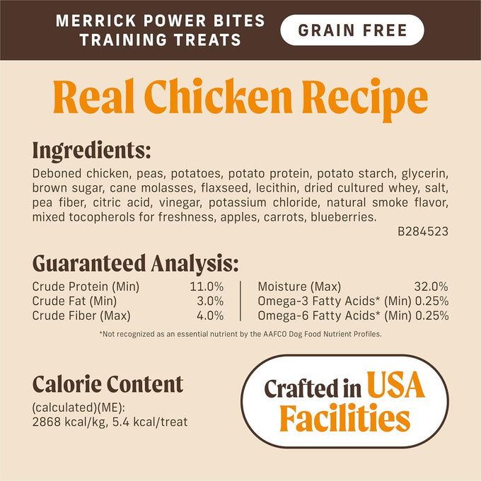 Merrick Power Bites Soft & Chewy Dog Treats with Real Deboned Chicken, Grain-Free Recipe, Fortified with Omega Fatty Acids and Minerals, Star-Shaped for Training, 6 oz Resealable Bag
