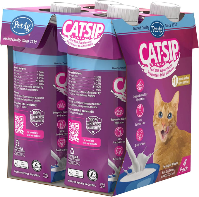 PetAg Cat-Sip 8 oz, 12 Pack - Ready-to-Feed Lactose-Free Milk Snack for Cats & Kittens