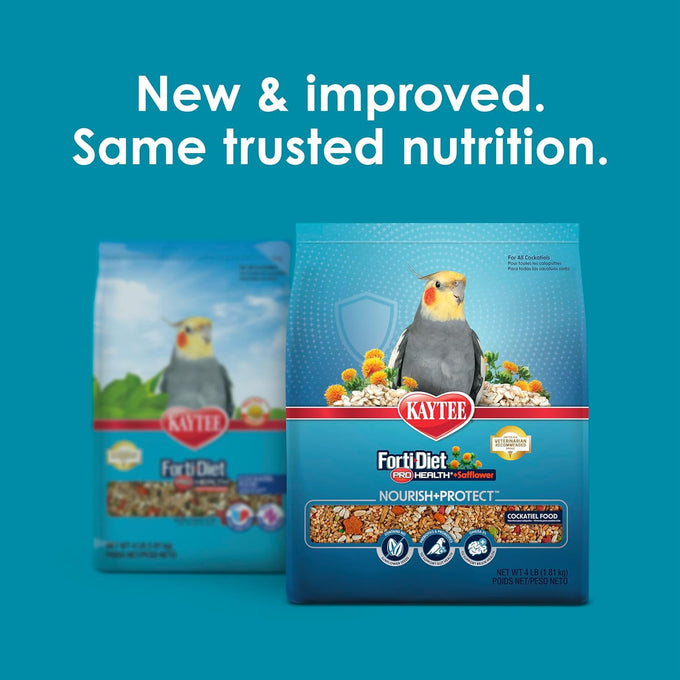 Kaytee Forti-Diet Pro Health+Safflower Nourish+Protect cockatiel food for breeding, molting, digestive, and brain health, 4 pounds