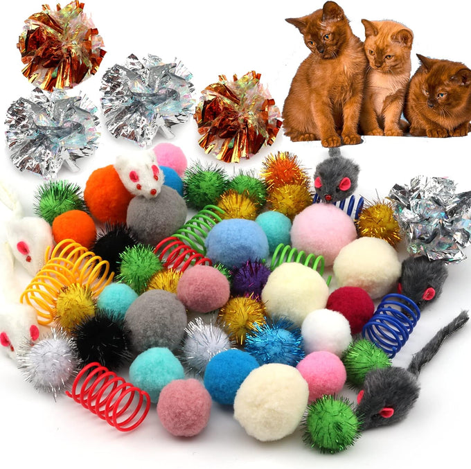 60-piece assorted cat toy set with kitten, mouse, crinkle, and pom pom balls