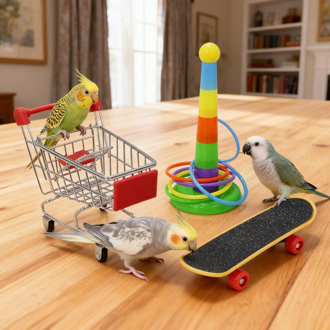 Wontee bird toys mini shopping cart skateboard ring toy set for parrot training and play (3-pack, assorted)