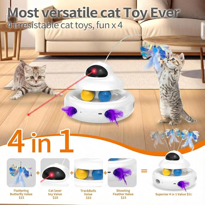 Mohaya 4-in-1 Interactive Cat Toy with Laser, Feather, and Track Balls - USB Rechargeable White