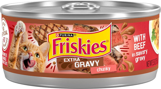 Purina friskies extra gravy 5.5 oz chunky beef cat food, 24 cans, no artificial colors or preservatives