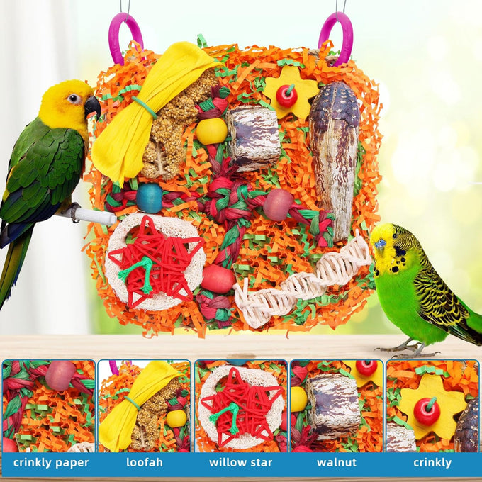 Bird toys for small & medium parrots - natural foraging & shredding cage hanging toys with seagrass mat, starfruit, loofah slices, 1 pc