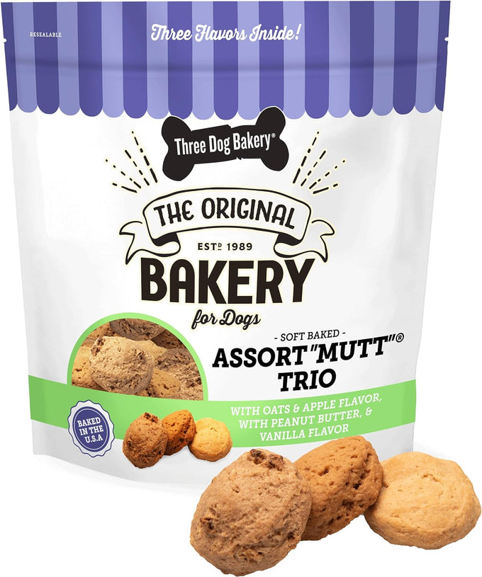 Three Dog Bakery Assort Mutt Trio 48oz dog treats with oats, apple, peanut butter, and vanilla, premium puppy training snacks