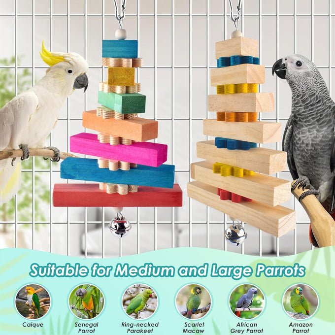 dbness large parrot hanging chew toy 2 pcs wooden block with bell for medium to large parrots and cockatiels