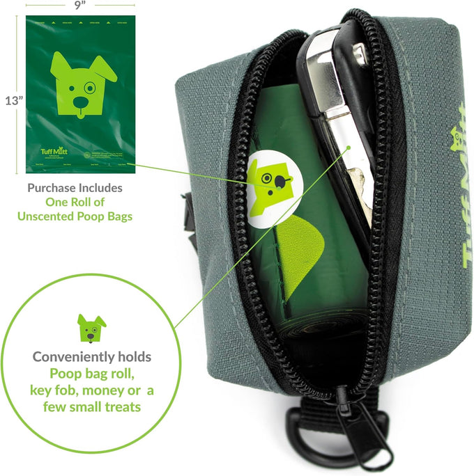 Tuff Mutt dog waste bag holder with velcro attachment - durable fabric dispenser for leashes - starter roll included