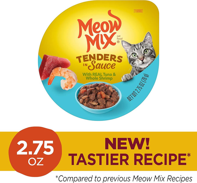 Meow Mix Tenders in Sauce tuna & shrimp 2.75 oz wet cat food, 12-pack cups with peel-off lids