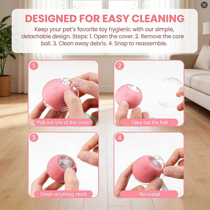 Rechargeable smart rolling cat ball with 3 modes, LED light and 3 replaceable accessories for kittens and adult cats