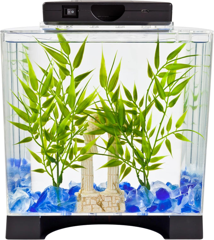 Tetra LED half moon aquarium kit with clear plastic fish tank ideal for betta fish care, small, 1.1 gallons, energy-efficient LED lighting
