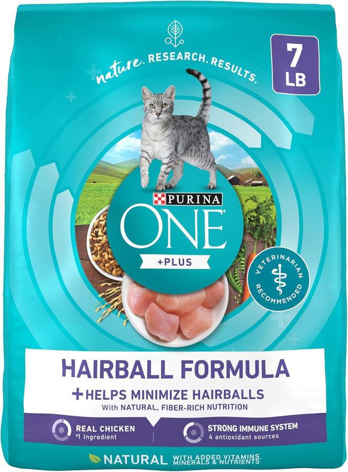 Natural adult dry cat food for hairball control with real chicken, high-protein recipe and crunchy kibble.