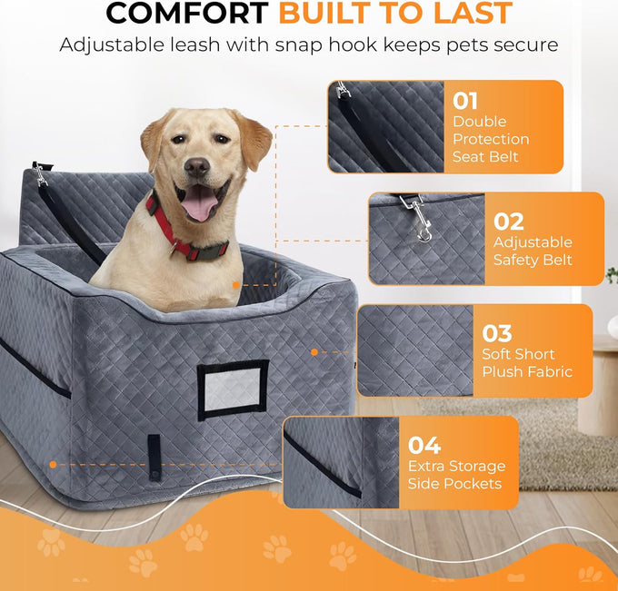 CozyCruiser dog car seat for small and medium dogs with soft plush fabric, adjustable safety leash, and double seat belt protection fits most cars and SUVs