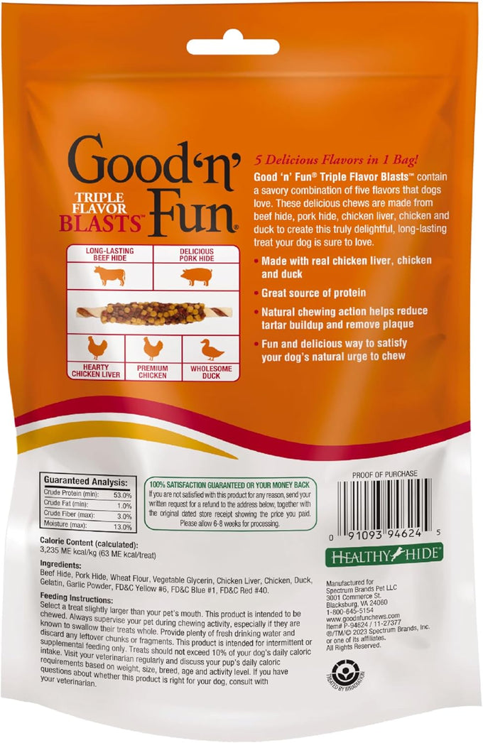 Good 'n' Fun Triple Flavor Blasts - Chicken, Duck, and Beef Hide Chews for Dogs, 4 Ounces, Long-Lasting Snack