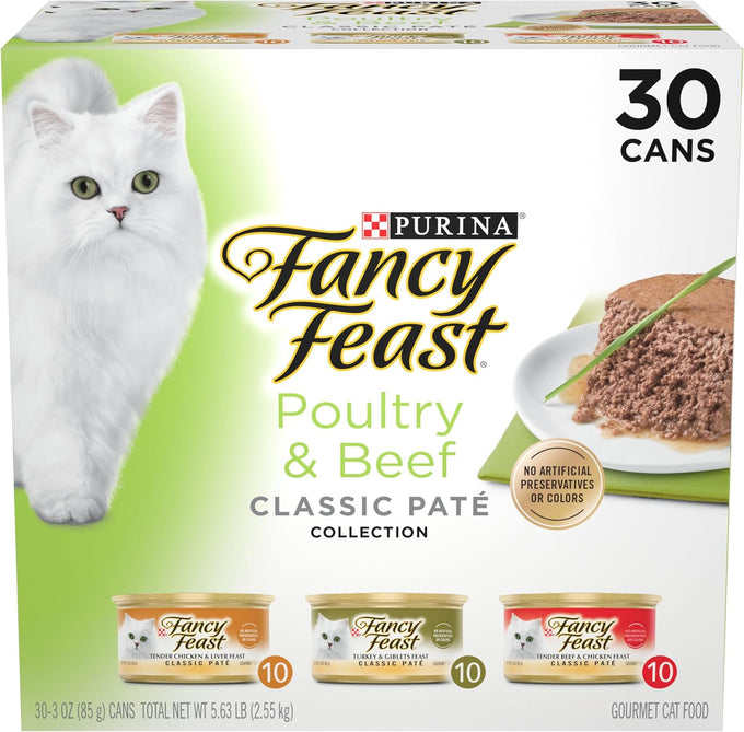 Fancy Feast grain-free wet cat food variety pack, 30 3 oz. cans, poultry and beef feast classic pate collection