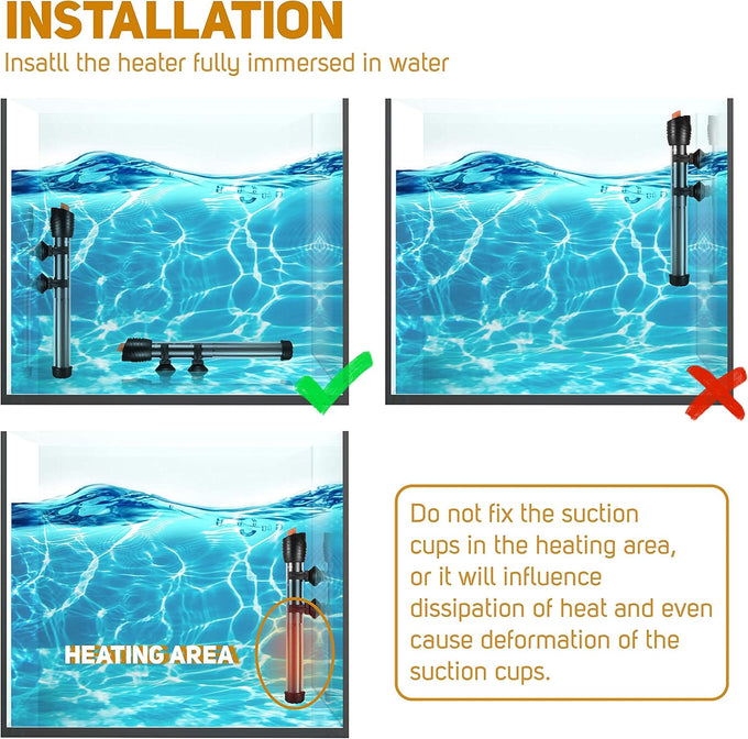 Orlushy Submersible Heater for Saltwater, Freshwater Aquariums with Thermometer, Adjustable and Durable