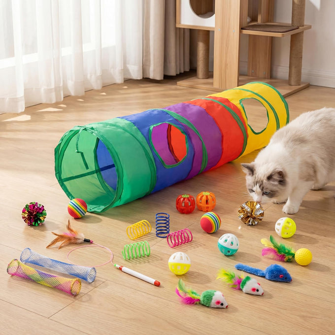 iCAGY interactive cat toy bundle for indoor cats, 25 pcs, 45 inches rainbow tunnel, colorful springs, feathers, balls, and mice