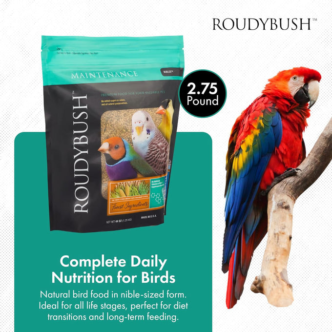 RoudyBush Daily Maintenance Food for Small Birds - Scientifically Formulated Pellets with Corn, Wheat, Soy, and More - 44oz