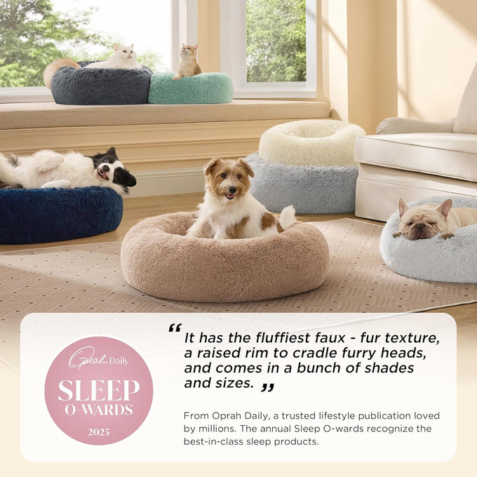 Bedsure Calming Dog Bed, 30-inch Donut Washable Medium Pet Bed, Faux Fur, Camel, 45 lbs