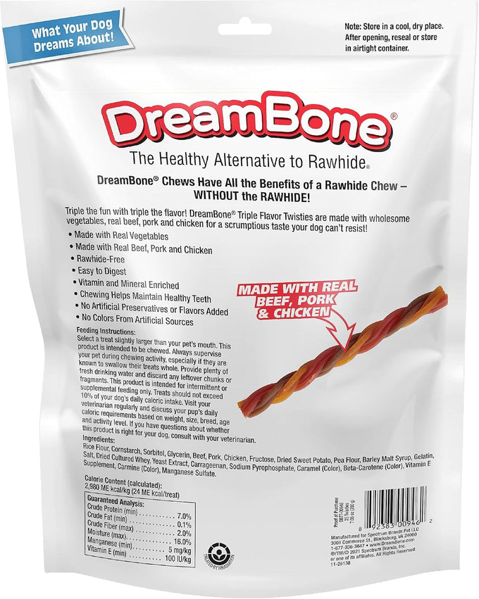 DreamBone triple flavor twisties, 25 count, rawhide-free, real beef, pork, and chicken