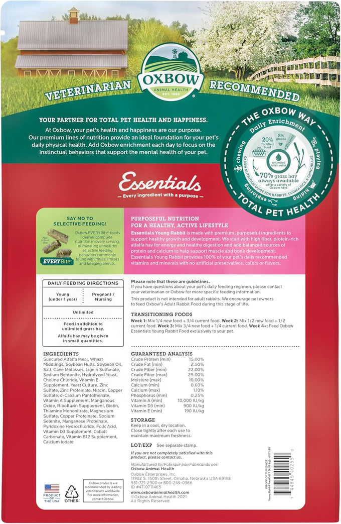 oxbow essentials young rabbit food made with timothy pet food pellets high fiber bunny supplies 10 lb bag