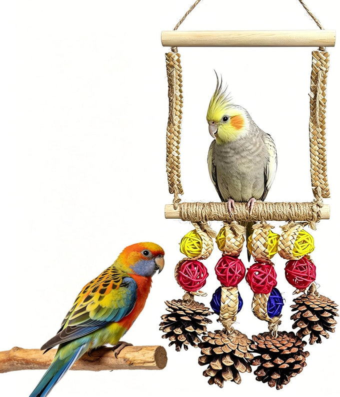 Plant-style parrot toy with sisal-wrapped perch for parakeets, cockatiels, and conures - natural pine swing