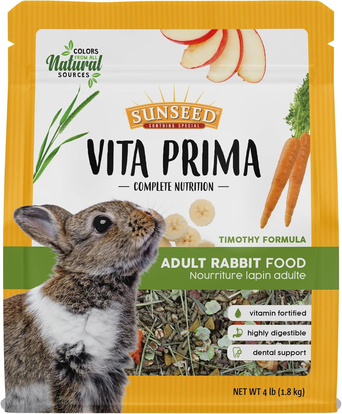 Sun Seed Vita Prima Adult Rabbit Food 4 lbs. high-fiber hay base, vitamin-enriched mix, variety of grains and fruits